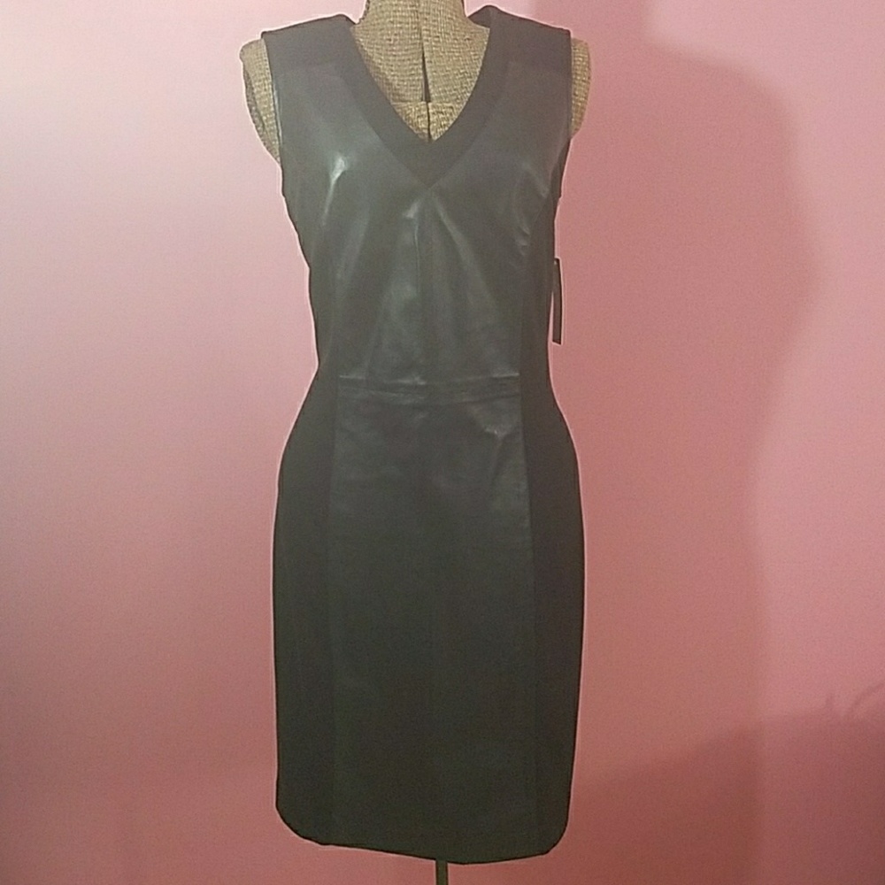 Sharagano Black Faux Leather Ponte Dress